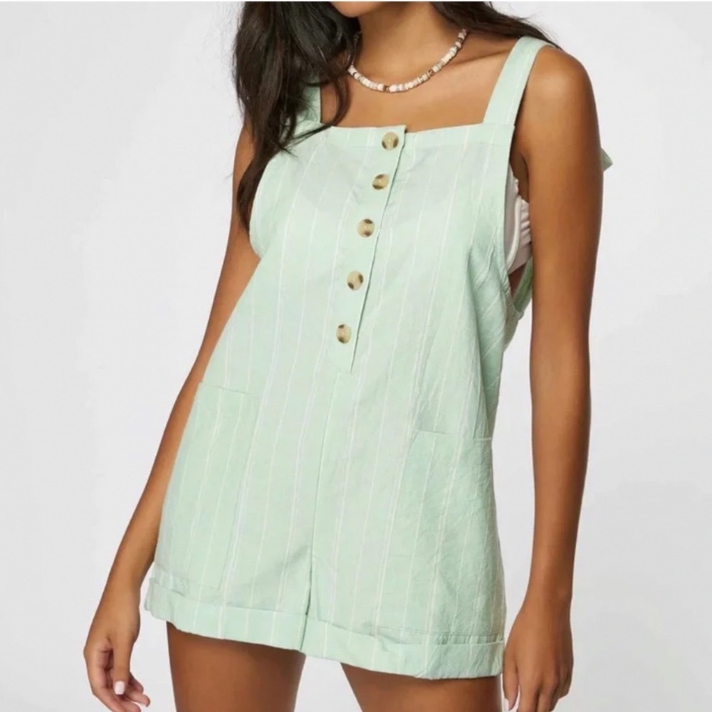 ONeill Womens Mint‎ Green White Striped Tie Shoulder Button Front Romper Large